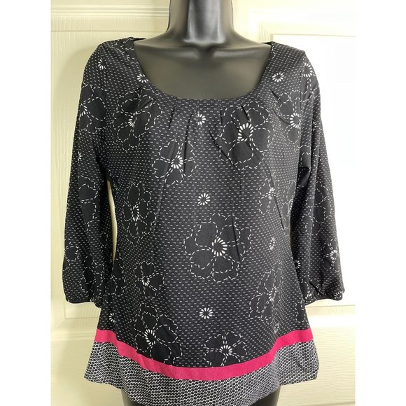 Ann Taylor Top Women Size S 3/4 Sleeve Black White Pink Floral Sheer Lined - Picture 3 of 8